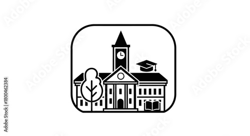 Iconic University Building with Clock Tower and Graduation Cap, Symbolizing Education and Academia