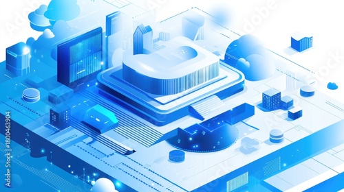 A futuristic illustration of technology and social media icons floating on a digital platform with various devices and gadgets.
