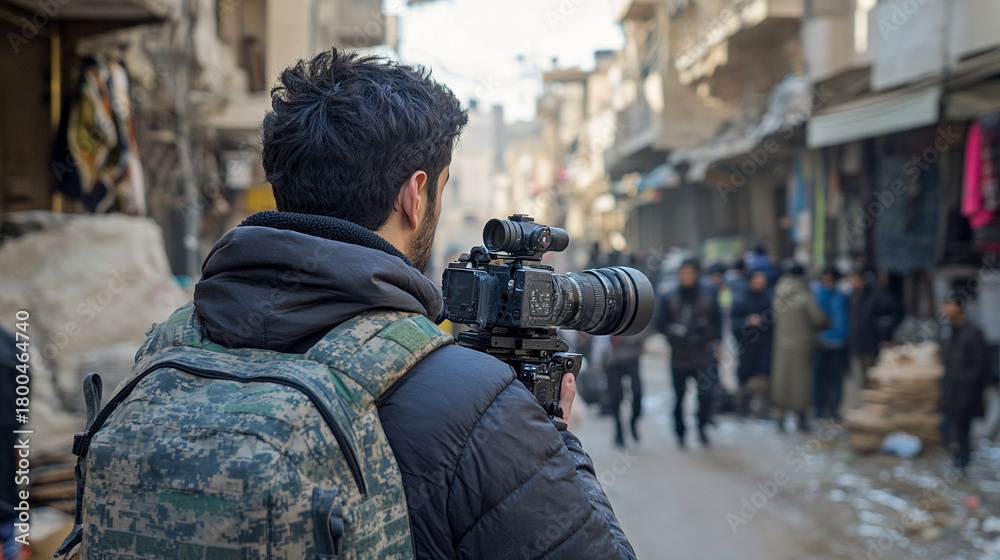 Obraz premium Back view of a reporter in a war zone, wearing protective gear, capturing the intensity, danger, and human perspective of conflict reporting.