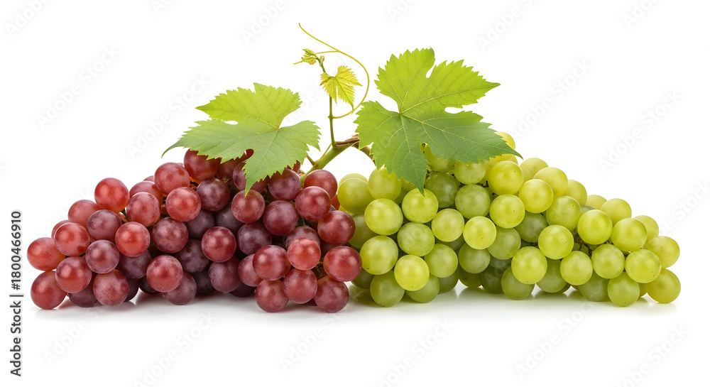Fototapeta premium Fresh Red & Green Grapes Bunch with Vine Leaves – White Background for Winery Ads, Fruit Market Banners, Healthy Eating Blogs & Gourmet Food Social Media
