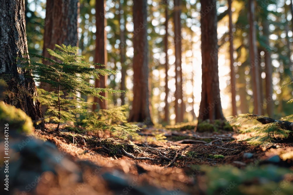 Naklejka premium Sunlit forest floor with moss and pine plants