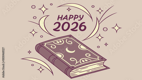 Enchanted new year 2026 greeting, spell book and sparkling stars
