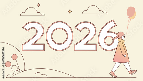 Progressing to year 2026, minimalist design with walking person