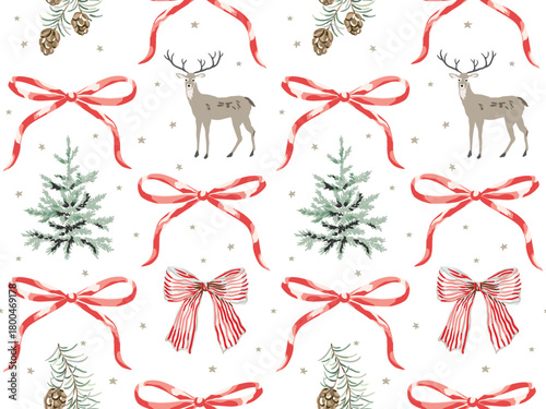 Christmas seamless pattern, fir trees, red bows, deer animal, cones, stars, white background. Vector illustration. Nature design. Season greeting. Winter holidays wrapping
