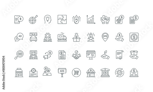 Commercial offer and product license, economic partnership thin black and red outline symbols vector illustration Small business, retail store and restaurant, local market development line icon set.