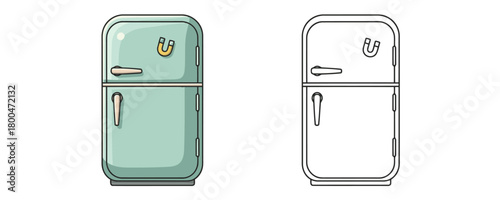 Vector illustration of a retro, vintage two-door refrigerator in mint green and pink colors with a magnet on the door, next to a black and white outline version