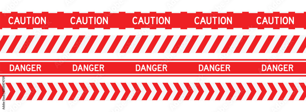 Фотография Red warning caution tapes set with black stripes