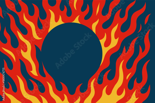 Fiery inferno frame with a dark blue circle in the center creating a dramatic and intense design 