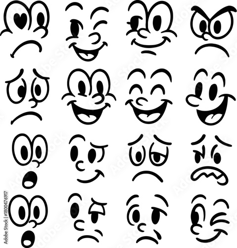 Cartoon faces showing a variety of emotions in a simple black and white line drawing style illustration