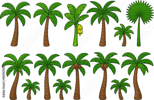 Variety of cartoon palm trees with different shapes and sizes creating a tropical island vibe