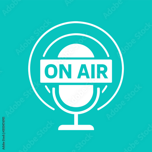 On air microphone icon broadcasting live radio show podcast in a studio with a teal background design