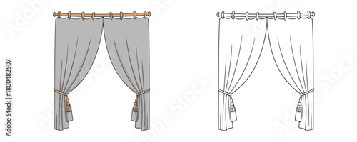 Vector illustration of grey curtains draped with decorative tie-backs and tassels hanging from a wooden rod, presented side-by-side with a black and white outline version