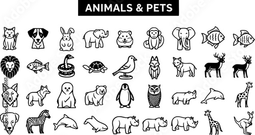 Collection of black and white line art vector icons featuring various animals and pets, perfect for wildlife, nature, and domesticated animal themes.