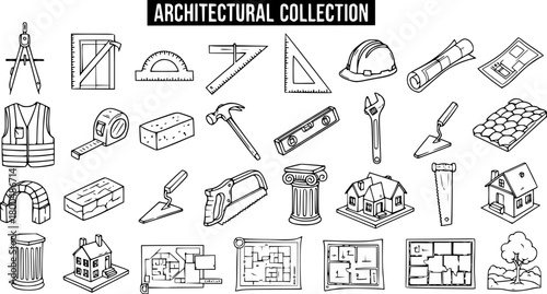 Doodle Style Architectural and Construction Collection of Hand Tools, Building Materials, Houses, and Blueprints Sketch Icons Set