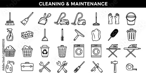 Cleaning and Maintenance Icons Set: Essential Line Symbols for Home Housework, Repair, and Professional Services