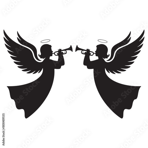 Silhouetted angels playing trumpets with wings spread