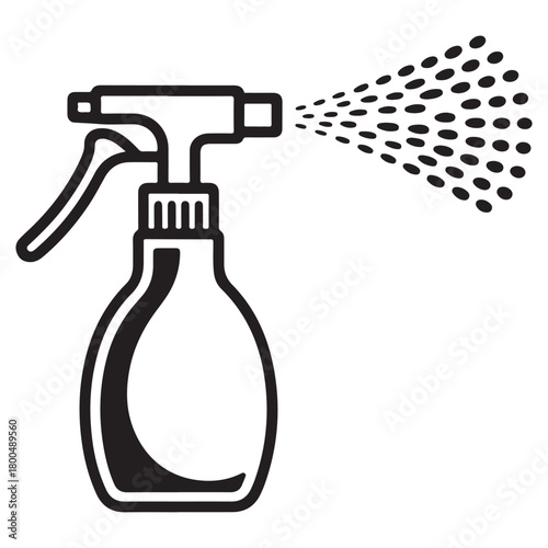 Line art illustration of a spray bottle dispensing liquid
