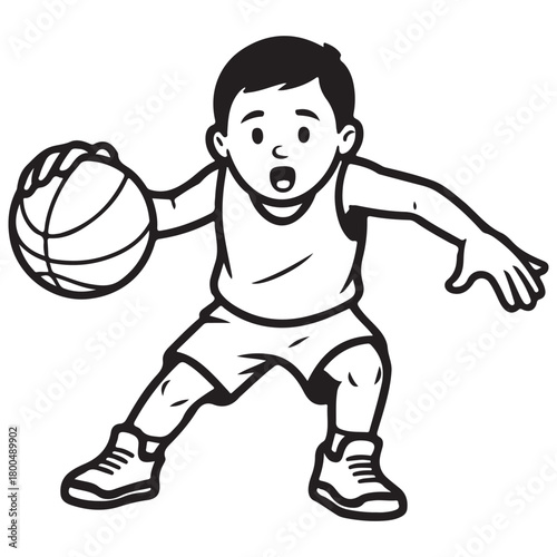 Cartoon child dribbling a basketball with enthusiasm