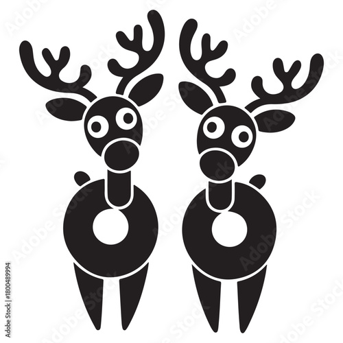 Two stylized black reindeer with round bodies and antlers