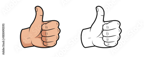 Vector illustration of a hand showing the 'thumbs up' gesture, symbolizing approval or like, presented side-by-side with a black and white outline version