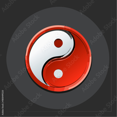 Glossy Red-Framed Yin Yang Symbol with Contrasting Black and White Halves and Inner Dots.