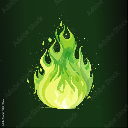 Vibrant Green Flame Illustration with Dynamic Shapes and Splatter Effects.