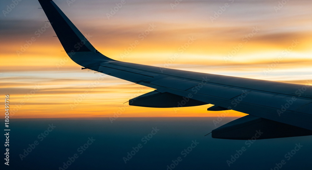 Obraz premium Commercial airplane wing in flight during a vivid golden and orange sunset with clear sky over the ocean, symbolizing journey and travel.