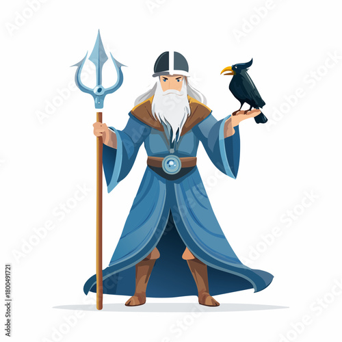 Powerful mythological god in a blue robe holding a trident with a raven on his hand.
