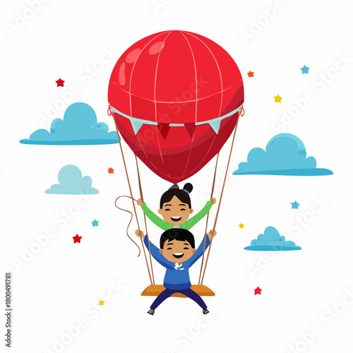 Cheerful cartoon boy and girl with happy expressions flying in a large red hot air balloon.