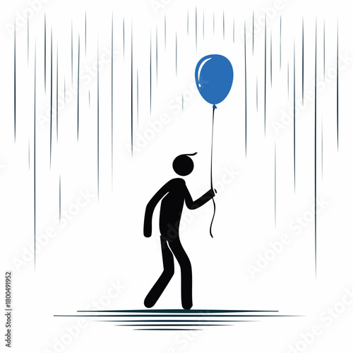 Solitary figure holding a blue balloon amidst stylized rain.
