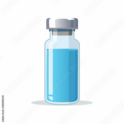 Clear glass medical vial with blue liquid featuring a grey and white flip-off cap vector illustration.
