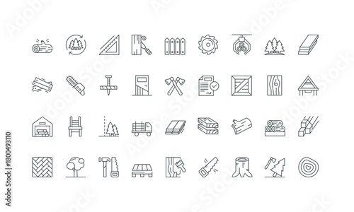 Log grapple and chainsaw, tree trunk cuts, wooden pallets thin black and red outline symbols vector illustration Wood raw material, sawmill and lumberjacks equipment, logging permit line icon set.