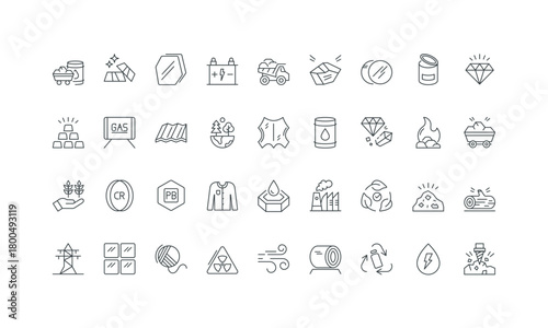 Nickel and zinc, chromium, resin thin black and red outline symbols vector illustration Raw materials, mineral ore mining and stones, oil and gas, resources for factory production line icon set.
