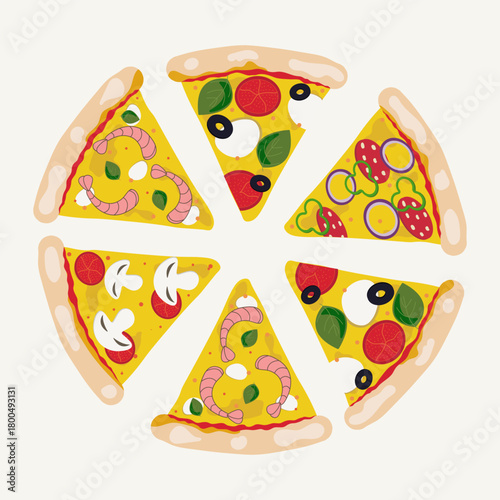 Pizza slices with different ingredients, Margherita, Pepperoni, Shrimp, Mushrooms, Pizza, Italian Cuisine, Olives, Cheese, Tomatoes, Basil