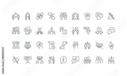 Couple and parent with child, online chat conflict, anger thin black and red outline symbols vector illustration Conflict of interests and competition, mediation, misunderstanding line icon set.