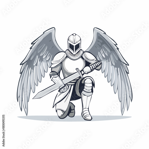 Winged Knight in Armor Kneeling with Sword Fantasy Illustration.