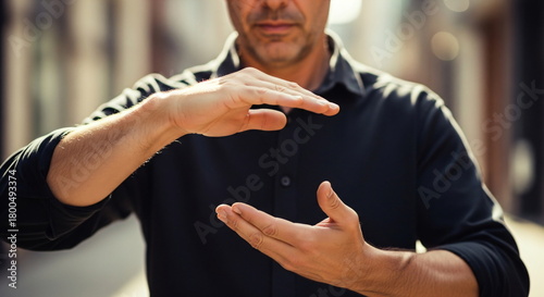 Fototapeta Naklejka Na Ścianę i Meble -  Caucasian man gesturing with hands to show small size or concept of holding something. Hand gesture for measurement or virtual display.