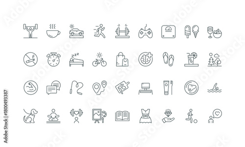 Work life balance, active exercises and personal development thin black and red outline symbols vector illustration Daily life, healthy food diet and sleep, hygiene and sport routine, line icon set.