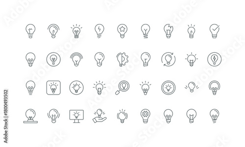 Various lamps as symbol of smart solution, electricity thin black and red outline vector illustration Light bulb of creative innovation and efficient idea, tech project and startup line icon set.