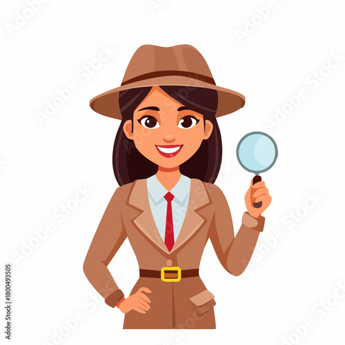 Smiling cartoon female detective in fedora and trench coat holding magnifying glass.