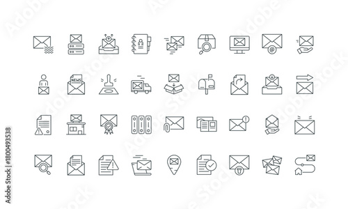 Correspondence and package delivery by courier, mail truck and postbox thin black and red outline symbols vector illustration Mail and online message, notification, email attachment line icon set.