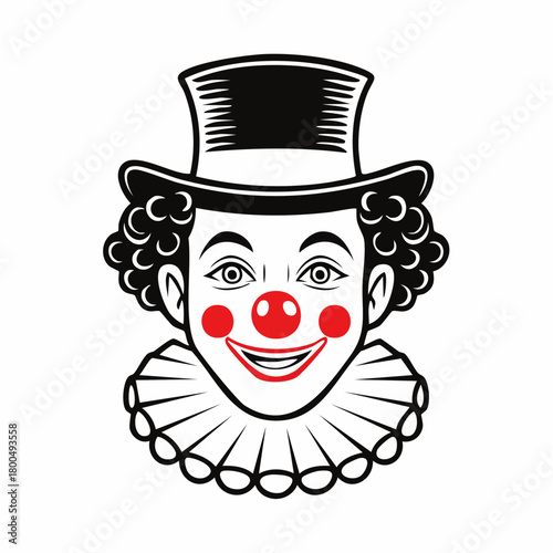 Smiling Clown Face with Red Nose and Black Top Hat Illustration.