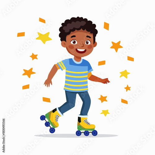 Joyful dark-skinned boy with curly hair roller skating in a striped shirt and yellow skates.