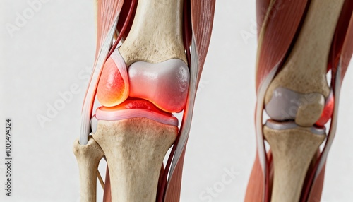Medical illustration of knee joint pain and inflammation. 3D render of human leg anatomy showing arthritis or osteoarthritis on the bones and cartilage