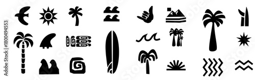  Hand drawn doodle beach surf vector illustrations. Tropical naive coastal elements. Palm trees, waves, starfish, woman surfer and sun summer zigzag ornament. T-shirt, poster and placard design prints