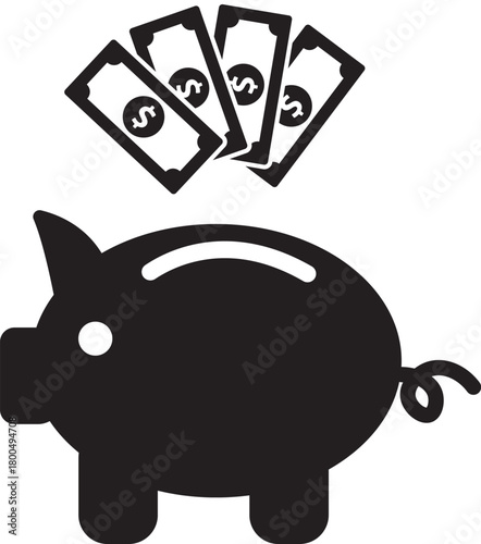 Piggy bank icon with dollar bills for savings