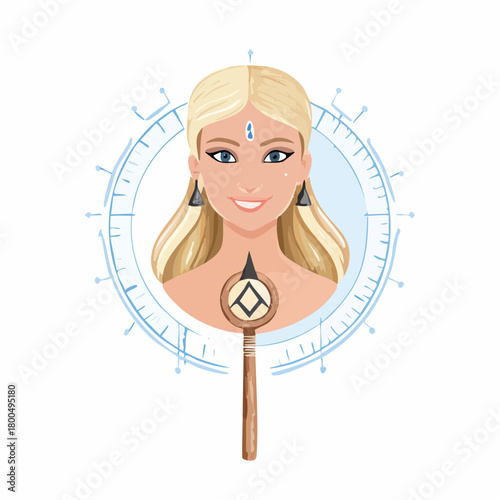 Mystical blonde woman with a blue third eye symbol smiling gently and holding a wooden scepter.