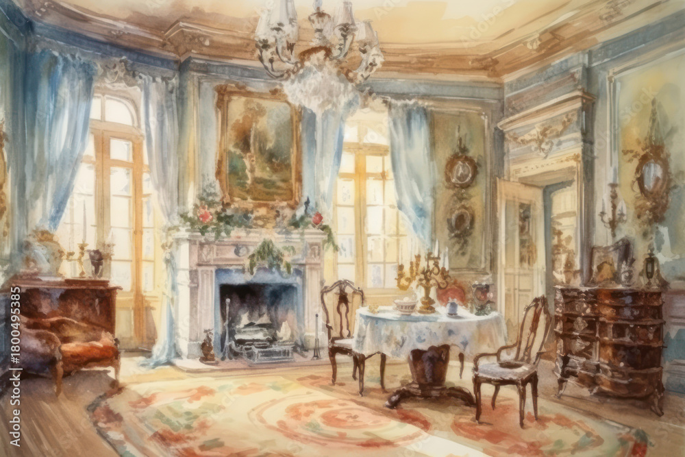 Naklejka premium An elegant living room interior in a classicist style, executed in soft watercolor tones. 