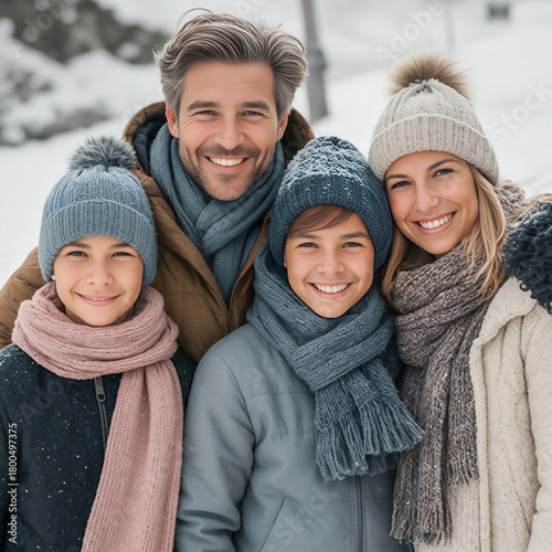 AI generated happy family posing outdoors during winter vacation in snowy mountain resort