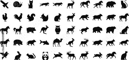 Collection of diverse animal silhouettes isolated on white background